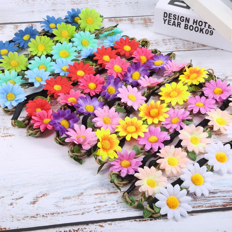 Bememo 12 Pieces Flower Headband Girl Women Daisy Flower Crown Hippie Floral Wreath Headband for Festival Wedding Bridal Party (Classic) - Image 2